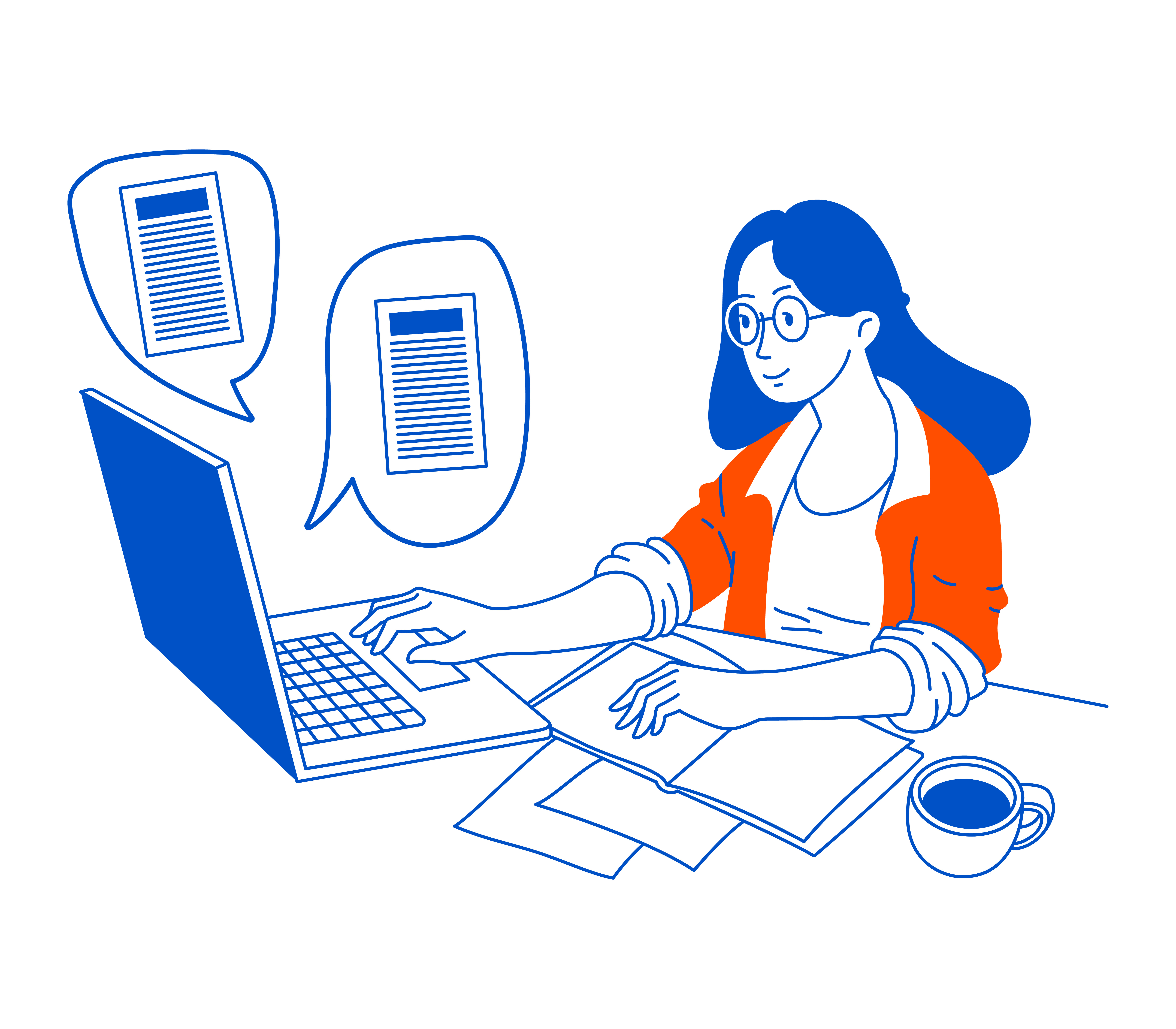 Student Learning Online at Home. Outline character sitting at desk, looking at Laptop and Studying.